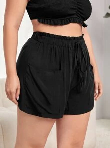 SHEIN Swim Curve Plus Size Paperbag Waist Pocket Patched Cover Up Shorts Summer - Black - View 4