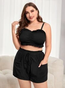 SHEIN Swim Curve Plus Size Paperbag Waist Pocket Patched Cover Up Shorts Summer - Black - View 5