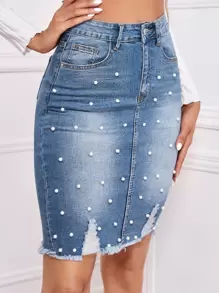 SHEIN Privé Falda mezclilla descolorida bajo crudo con cuenta con perla - Lavado ligero - Ver 1