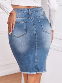 SHEIN Privé Falda mezclilla descolorida bajo crudo con cuenta con perla - Lavado ligero - Ver 2