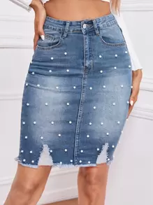 SHEIN Privé Falda mezclilla descolorida bajo crudo con cuenta con perla - Lavado ligero - Ver 3