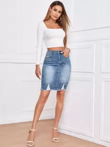 SHEIN Privé Falda mezclilla descolorida bajo crudo con cuenta con perla - Lavado ligero - Ver 5