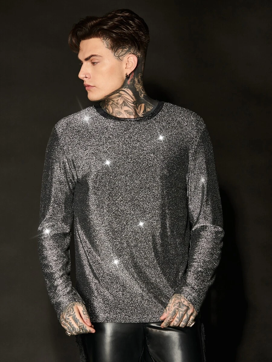Manfinity Men Round Neck Glitter Tee - Silver - View 1