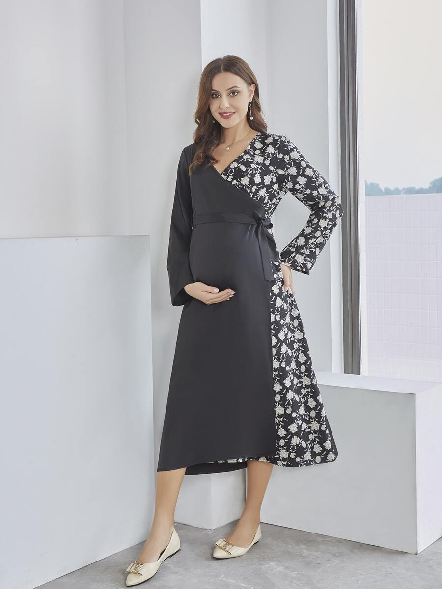 孕妇花卉印花侧绑带裹身连衣裙