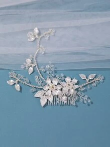 花和人造珍珠裝飾婚禮梳子 - 銀色 - 查看 1
