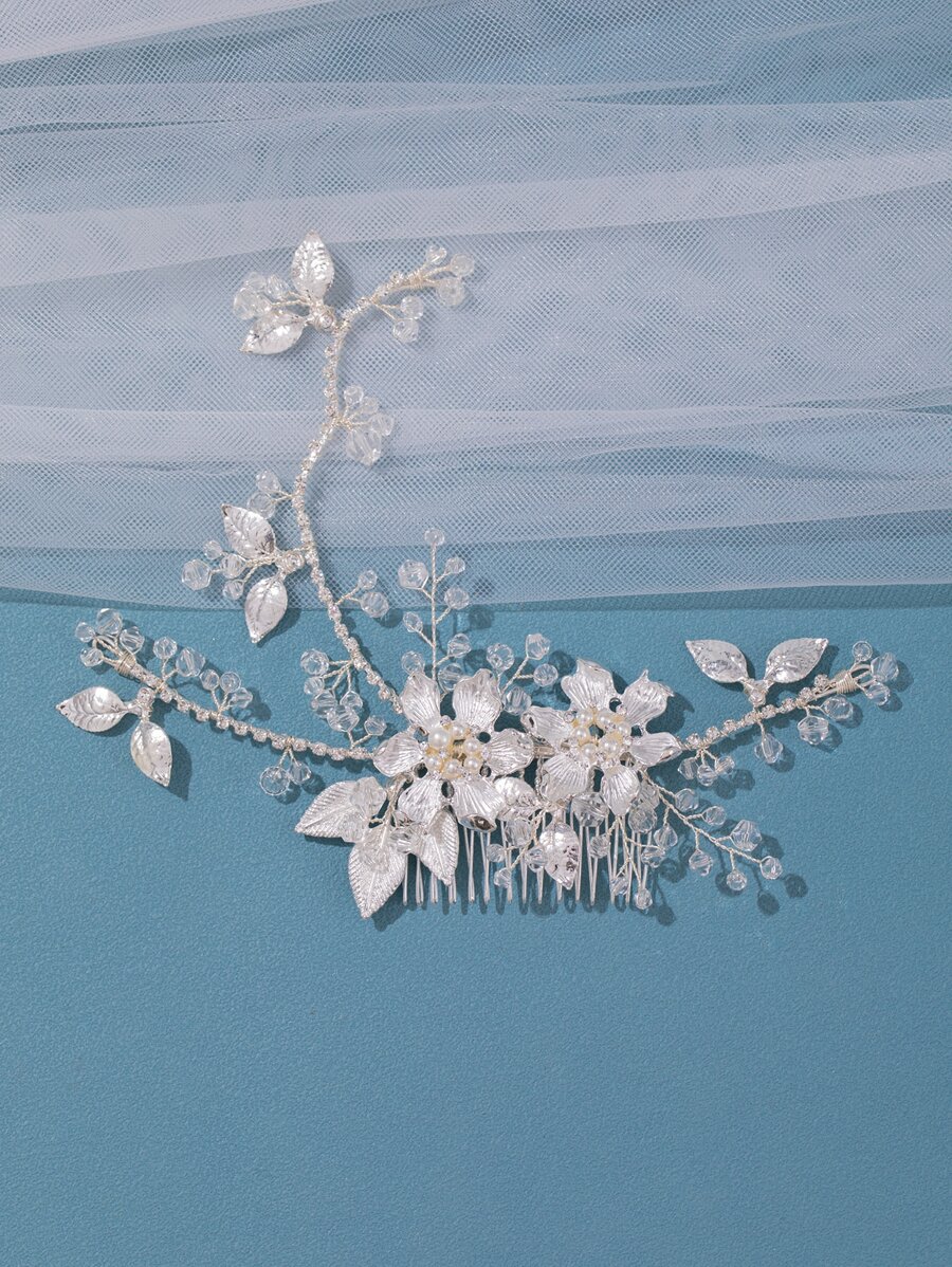 花和人造珍珠裝飾婚禮梳子 - 銀色 - 查看 1