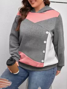SHEIN LUNE Plus Colorblock Button Detail Hoodie Graduation,Back To School Outfits,Graduation,Teacher Outfits For Women,Back To School