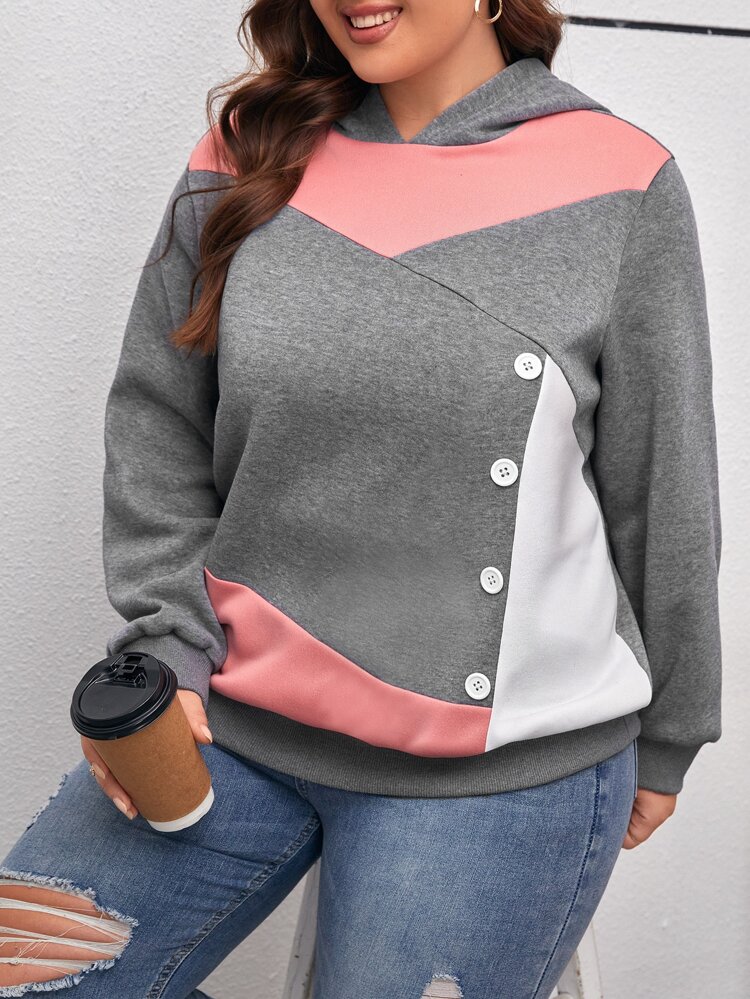 Plus Size Colorblock Button Detail Sweatshirt Graduation,Back To School Outfits,Graduation,Teacher Outfits For Women,Back To School Winter Fall Autumn