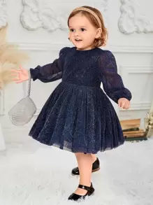 SHEIN 嬰兒金屬亮絲燈籠袖網紗洋裝