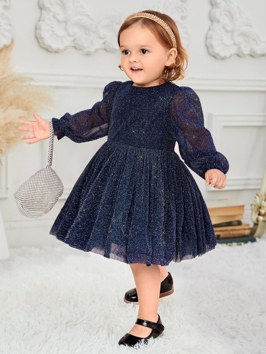 SHEIN 嬰兒金屬亮絲燈籠袖網紗洋裝