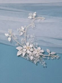 花和人造珍珠裝飾婚禮梳子 - 銀色 - 查看 3