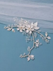 花和人造珍珠裝飾婚禮梳子 - 銀色 - 查看 4