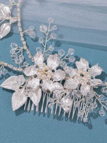 花和人造珍珠裝飾婚禮梳子 - 銀色 - 查看 5
