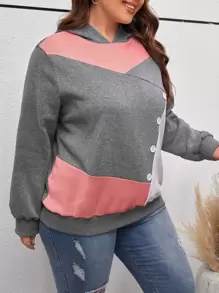 SHEIN LUNE Plus Colorblock Button Detail Hoodie Graduation,Back To School Outfits,Graduation,Teacher Outfits For Women,Back To School
