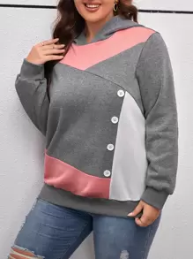 SHEIN LUNE Plus Colorblock Button Detail Hoodie Graduation,Back To School Outfits,Graduation,Teacher Outfits For Women,Back To School