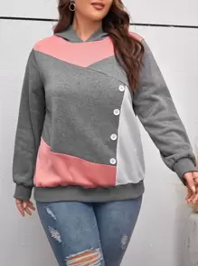 SHEIN LUNE Plus Colorblock Button Detail Hoodie Graduation,Back To School Outfits,Graduation,Teacher Outfits For Women,Back To School