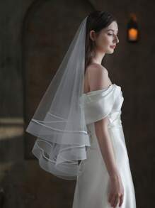 对比色饰边新娘面纱 - 白色 - 查看 5