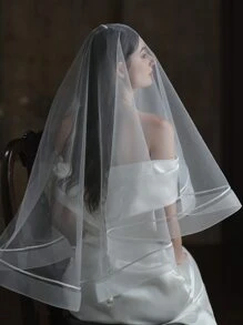 对比色饰边新娘面纱 - 白色 - 查看 7