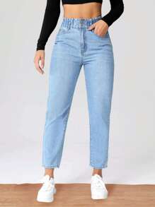 高腰緊身九分牛仔褲 - 淺色水洗藍 - 查看 1