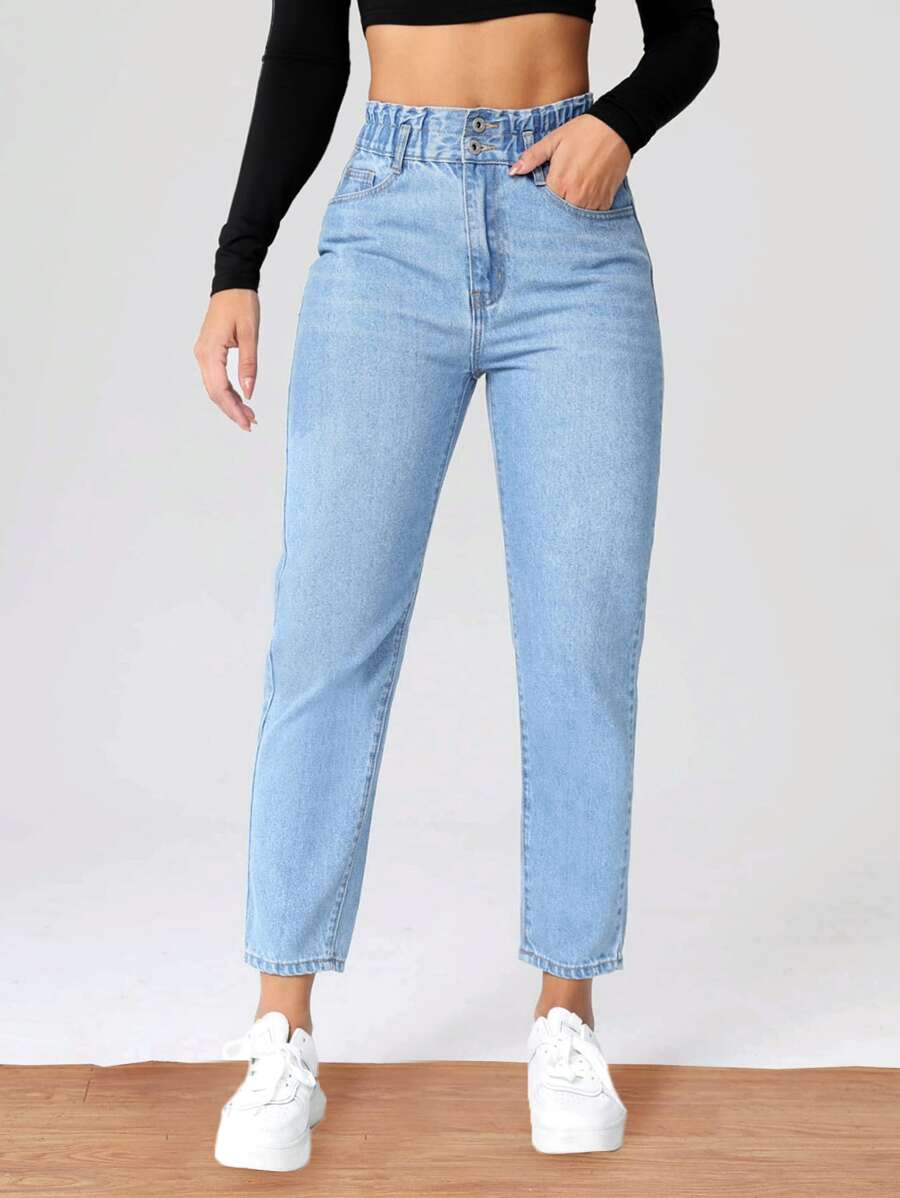 高腰緊身九分牛仔褲 - 淺色水洗藍 - 查看 1