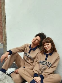 ROMWE MEN ROMWE UNISEX 1pc Letter Graphic Contrast Polo Neck Sweatshirt & 1pc Sweatpants - Khaki - View 3