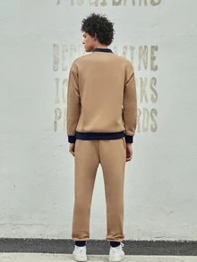 ROMWE MEN ROMWE UNISEX 1pc Letter Graphic Contrast Polo Neck Sweatshirt & 1pc Sweatpants - Khaki - View 2