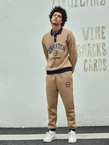 ROMWE MEN ROMWE UNISEX 1pc Letter Graphic Contrast Polo Neck Sweatshirt & 1pc Sweatpants - Khaki - View 4