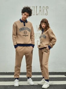 ROMWE MEN ROMWE UNISEX 1pc Letter Graphic Contrast Polo Neck Sweatshirt & 1pc Sweatpants - Khaki - View 1