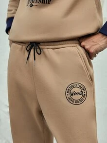 ROMWE MEN ROMWE UNISEX 1pc Letter Graphic Contrast Polo Neck Sweatshirt & 1pc Sweatpants - Khaki - View 5