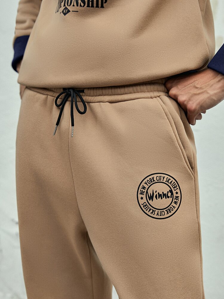 ROMWE MEN ROMWE UNISEX 1pc Letter Graphic Contrast Polo Neck Sweatshirt & 1pc Sweatpants - Khaki - View 5