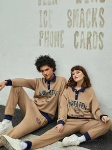 ROMWE MEN ROMWE UNISEX 1pc Letter Graphic Contrast Polo Neck Sweatshirt & 1pc Sweatpants - Khaki - View 6