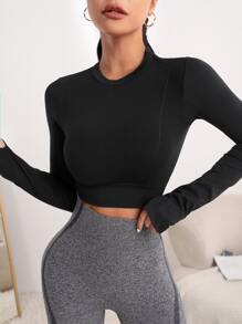 Yoga Basic 素色短款運動T恤帶拇指孔 - 黑色 - 查看 5