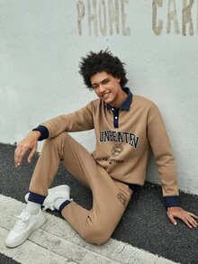 ROMWE MEN ROMWE UNISEX 1pc Letter Graphic Contrast Polo Neck Sweatshirt & 1pc Sweatpants - Khaki - View 7
