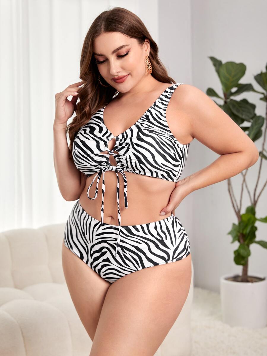 Conjunto de bikini con estampado de cebra para tallas grandes con encaje y cordones en la parte delantera para playa de verano - Blanco y Negro - Ver 1