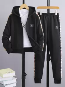 SHEIN Chicos Pantalones deportivos con capucha con estampado de letra con costura lateral en contraste sin camiseta - Negro - Ver 1