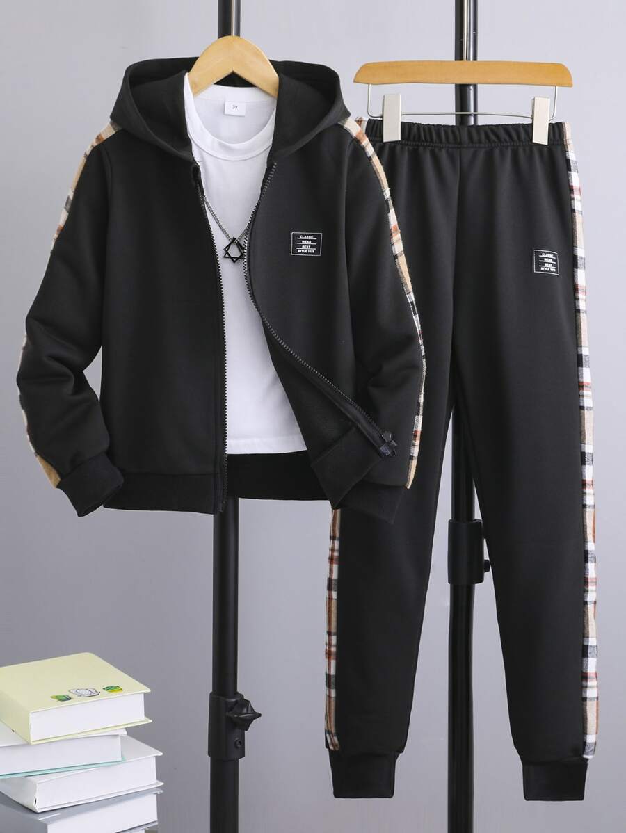SHEIN Chicos Pantalones deportivos con capucha con estampado de letra con costura lateral en contraste sin camiseta - Negro - Ver 1