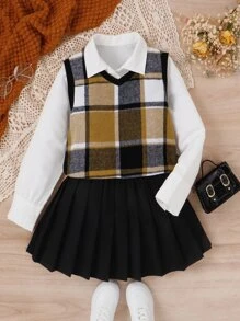 女孩格紋印花背心上衣和百褶半身裙和襯衫