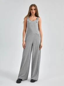 PlanetJAG Solid Wide Leg Overall Jumpsuit - Light Grey - View 4