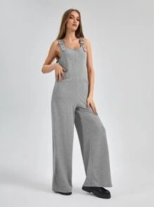 PlanetJAG Solid Wide Leg Overall Jumpsuit - Light Grey - View 5
