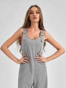 PlanetJAG Solid Wide Leg Overall Jumpsuit - Light Grey - View 6