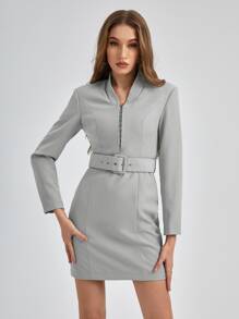 STERLING Hook And Eye Belted Dress - Light Grey - View 1
