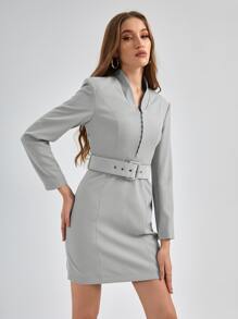 STERLING Hook And Eye Belted Dress - Light Grey - View 4