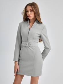 STERLING Hook And Eye Belted Dress - Light Grey - View 6