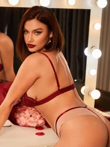 Plus Floral Lace Cut Out Bow Front Teddy Bodysuit - Burgundy - View 2