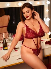 Plus Floral Lace Cut Out Bow Front Teddy Bodysuit - Burgundy - View 3
