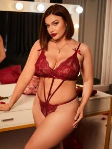 Plus Floral Lace Cut Out Bow Front Teddy Bodysuit - Burgundy - View 4