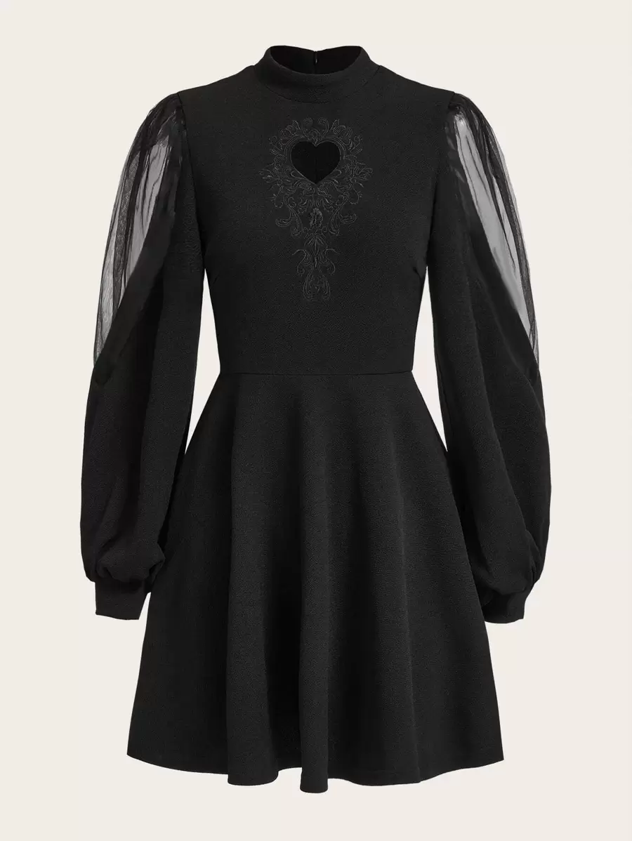 SHEIN Unity Đầm Tương phản Mesh Cắt ra Dây kéo màu trơn Thanh lịch - màu đen - Xem 1