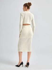 Knox & Rune Solid Pointelle Knit Jumper & Knit Skirt - Beige - View 2