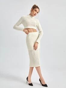 Knox & Rune Solid Pointelle Knit Jumper & Knit Skirt - Beige - View 3