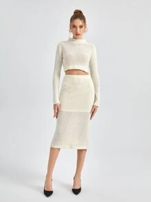 Knox & Rune Solid Pointelle Knit Jumper & Knit Skirt - Beige - View 4